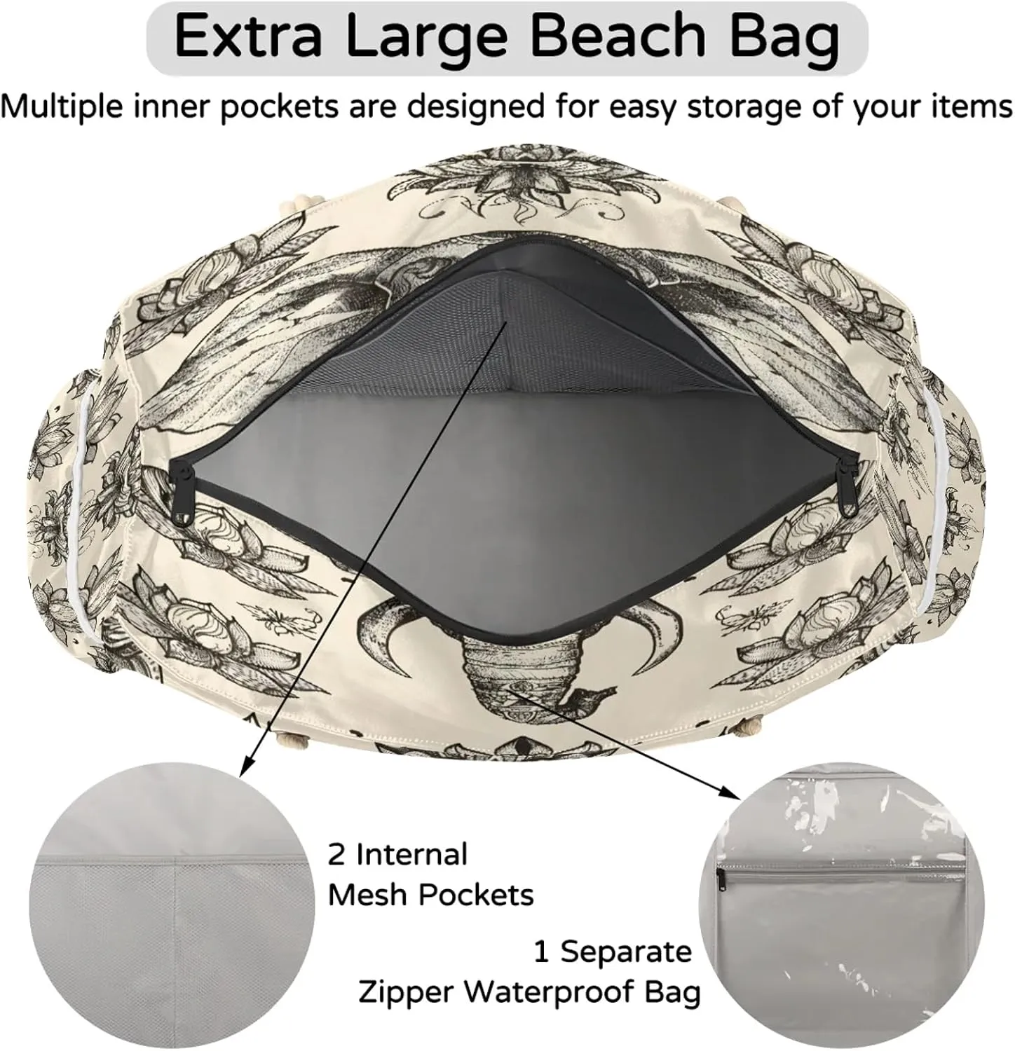 Large Beach Bags for Women with Zipper Beach Tote Bag Waterproof Sandproof Gym Swim Pool Grocery Travel Bag