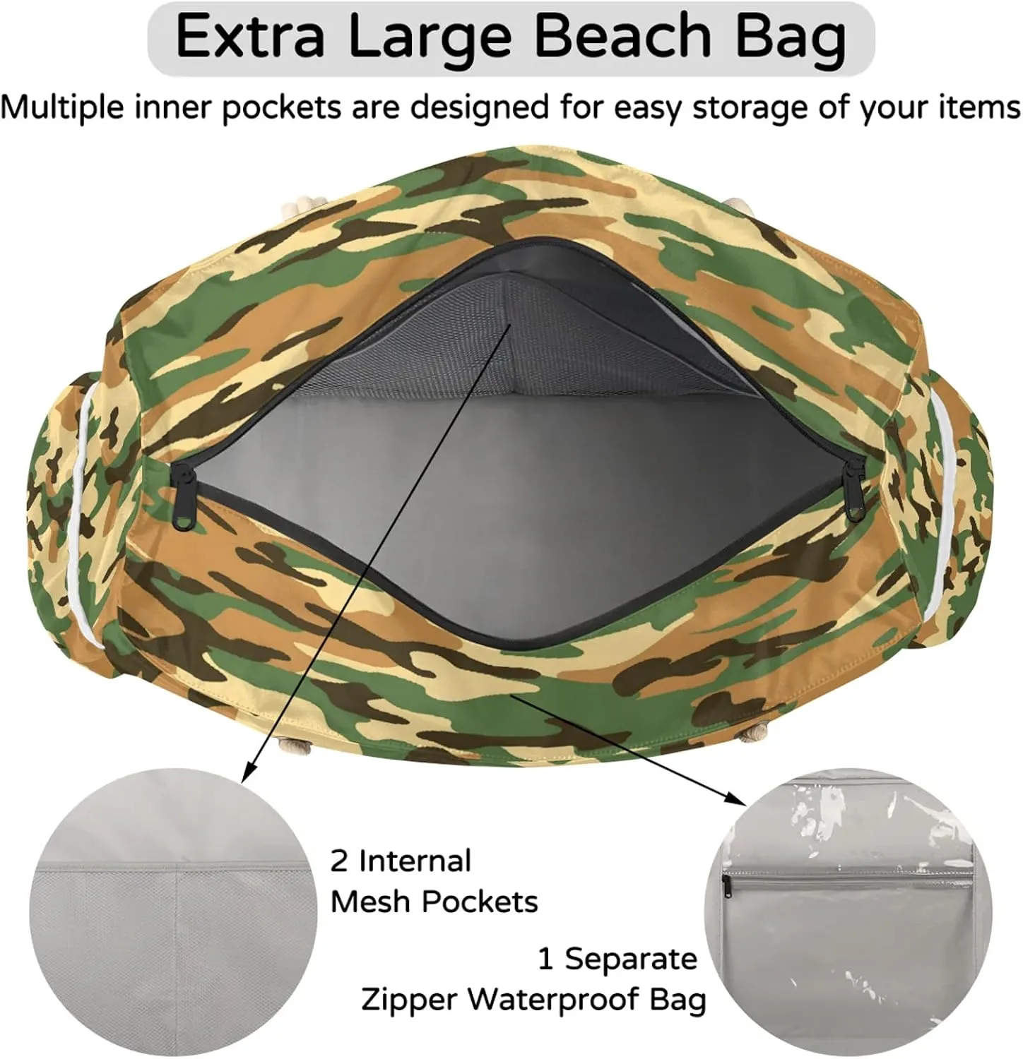 Large Beach Bags for Women with Zipper Beach Tote Bag Waterproof Sandproof Gym Swim Pool Grocery Travel Bag
