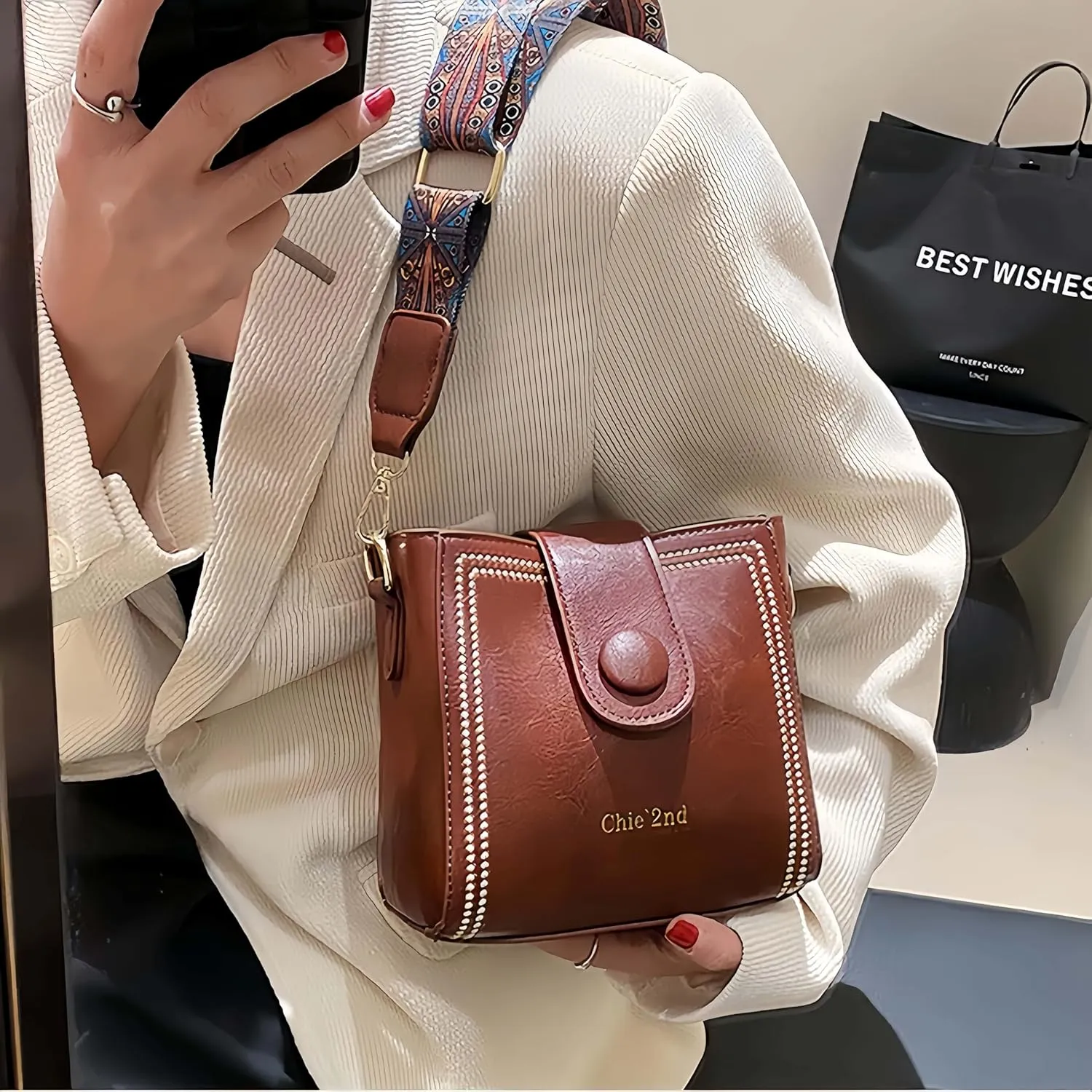 Leather Bucket Bag for Women, Vintage Small Bucket Bag - Convertible Shoulder Crossbody, Spacious Travel Tote