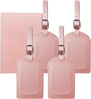 Leather Luggage Tags Set of 4 with Passport Holder  Water-Resistant Travel Tags for Suitcases & Bags, Durable Name ID Labels for Secure & Hassle-Free Travel (Pink)