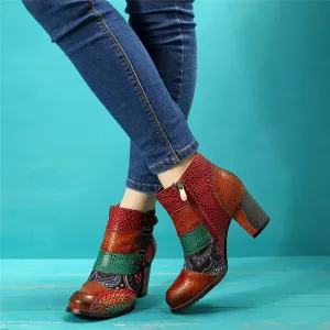 Leather Retro Print Block Heels Ankle Boots
