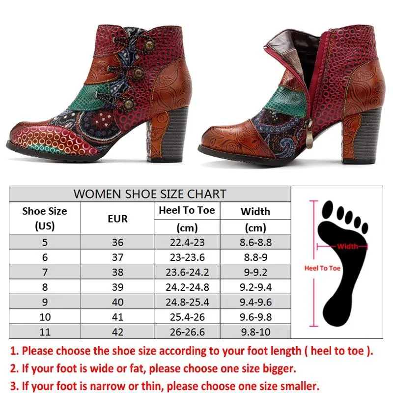 Leather Retro Print Block Heels Ankle Boots