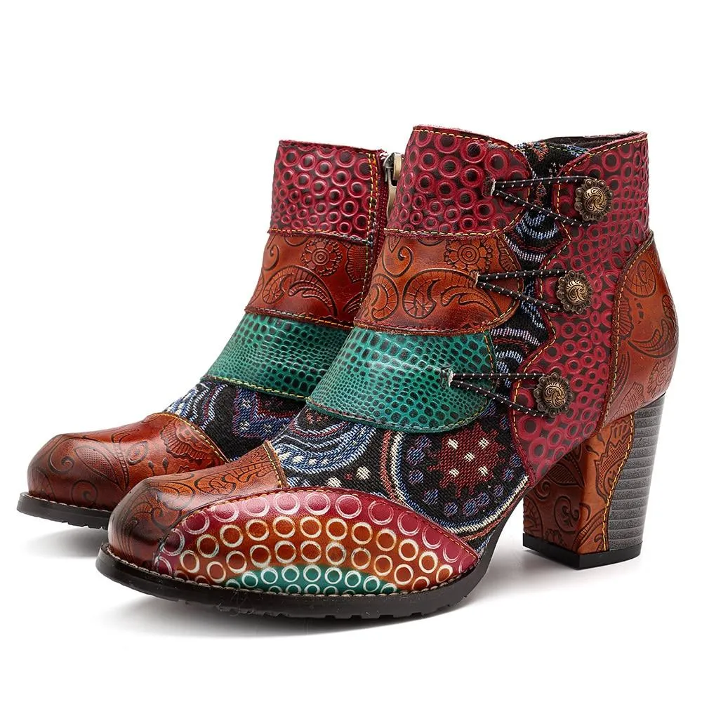 Leather Retro Print Block Heels Ankle Boots