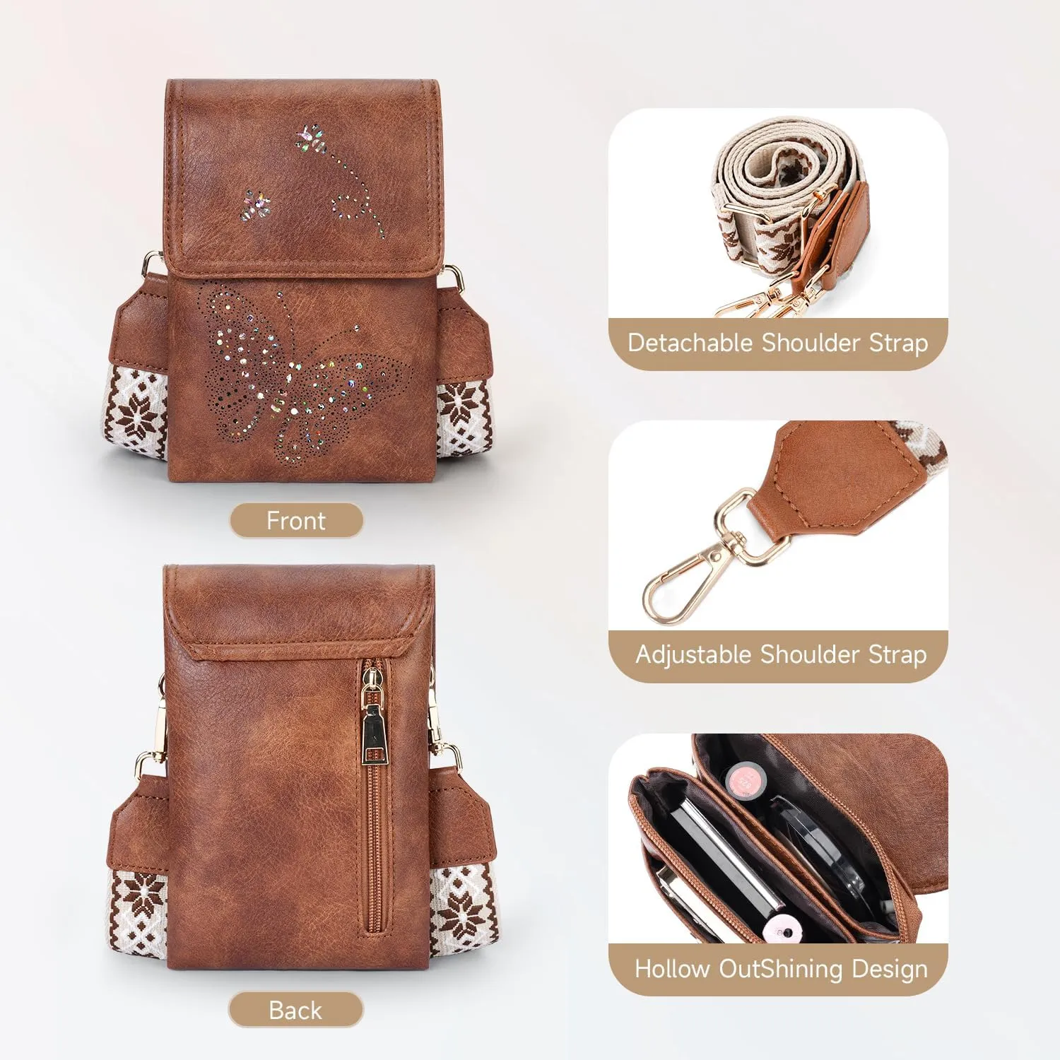 Leather Small Crossbody Bags for Women Trendy Cell Phone Bag Wallet Purses Butterfly Design