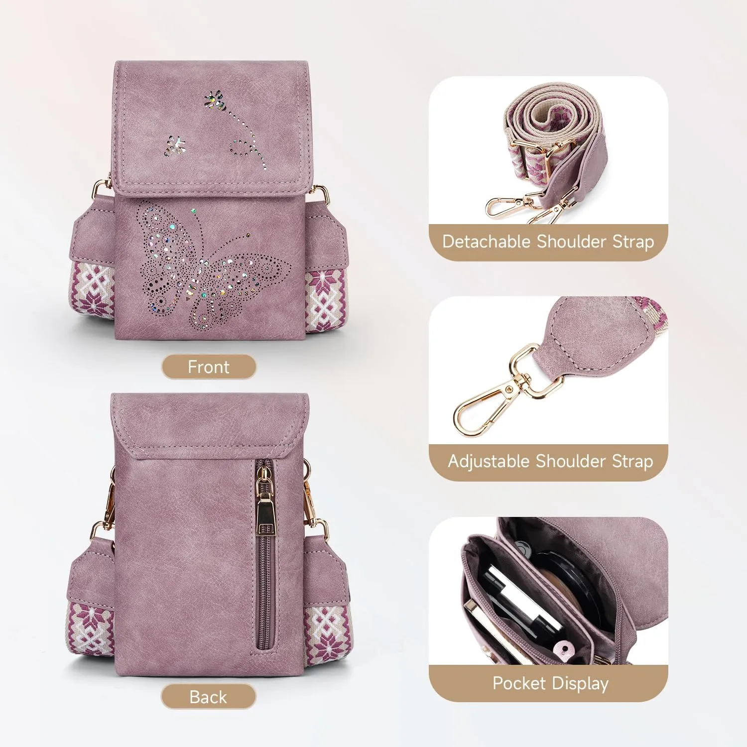 Leather Small Crossbody Bags for Women Trendy Cell Phone Bag Wallet Purses Butterfly Design