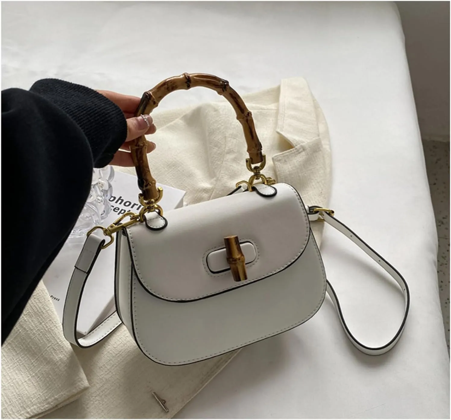 Leather Tote Handbags for Women Vintage Bamboo Handle Satchel Crossbody Shoulder Purse Genuine Leather Bags