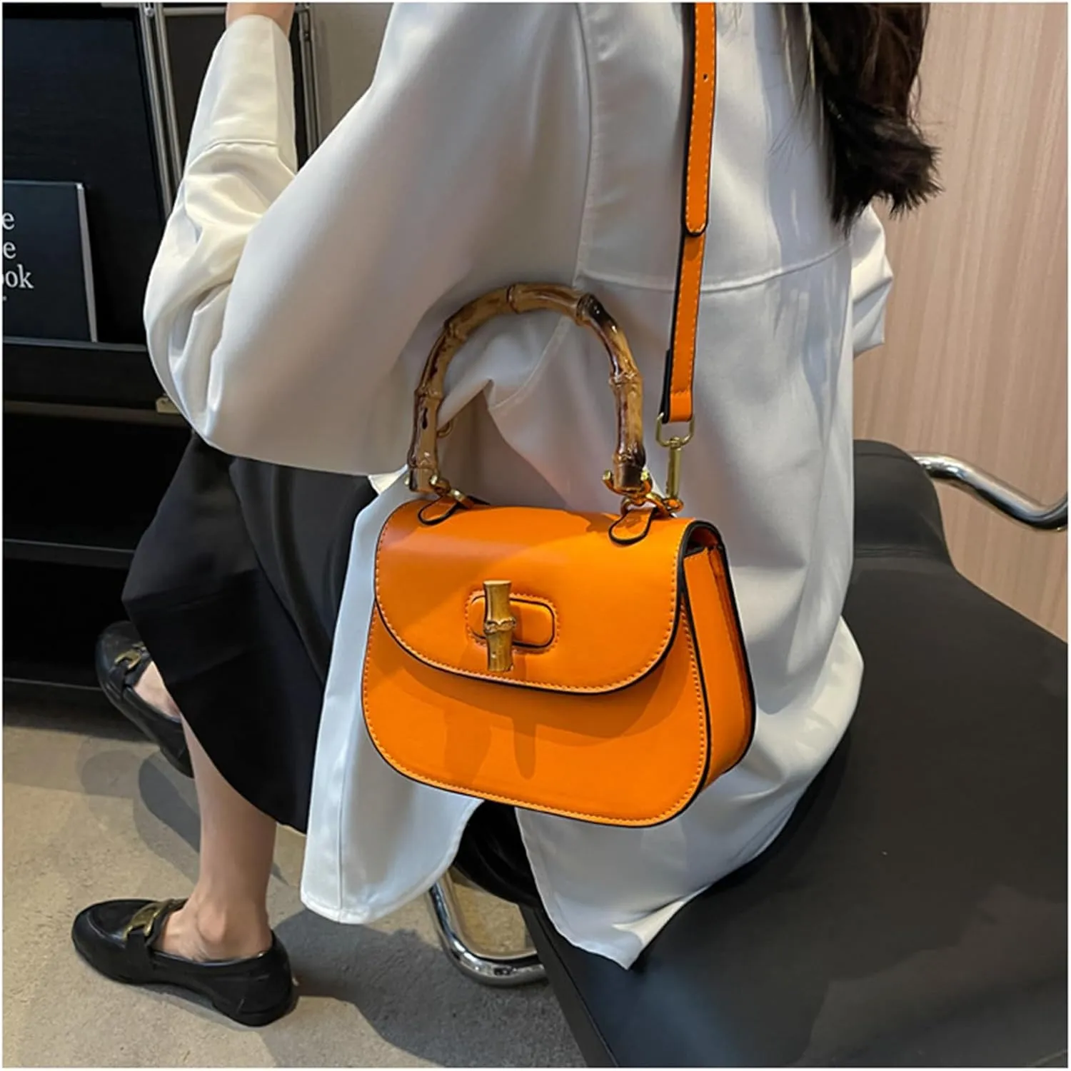 Leather Tote Handbags for Women Vintage Bamboo Handle Satchel Crossbody Shoulder Purse Genuine Leather Bags