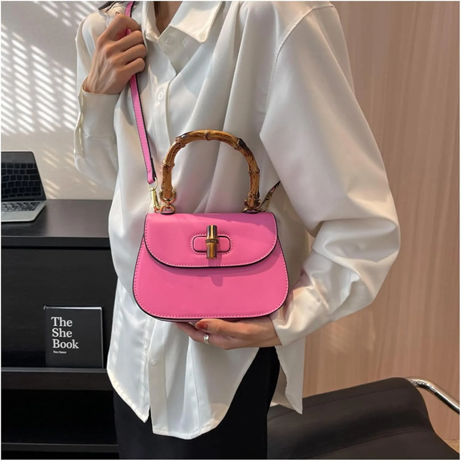 Leather Tote Handbags for Women Vintage Bamboo Handle Satchel Crossbody Shoulder Purse Genuine Leather Bags