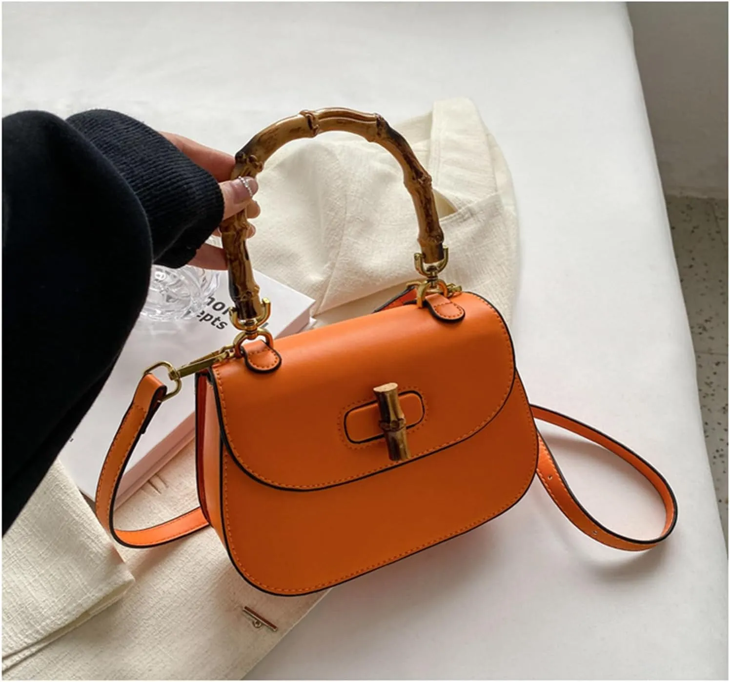 Leather Tote Handbags for Women Vintage Bamboo Handle Satchel Crossbody Shoulder Purse Genuine Leather Bags