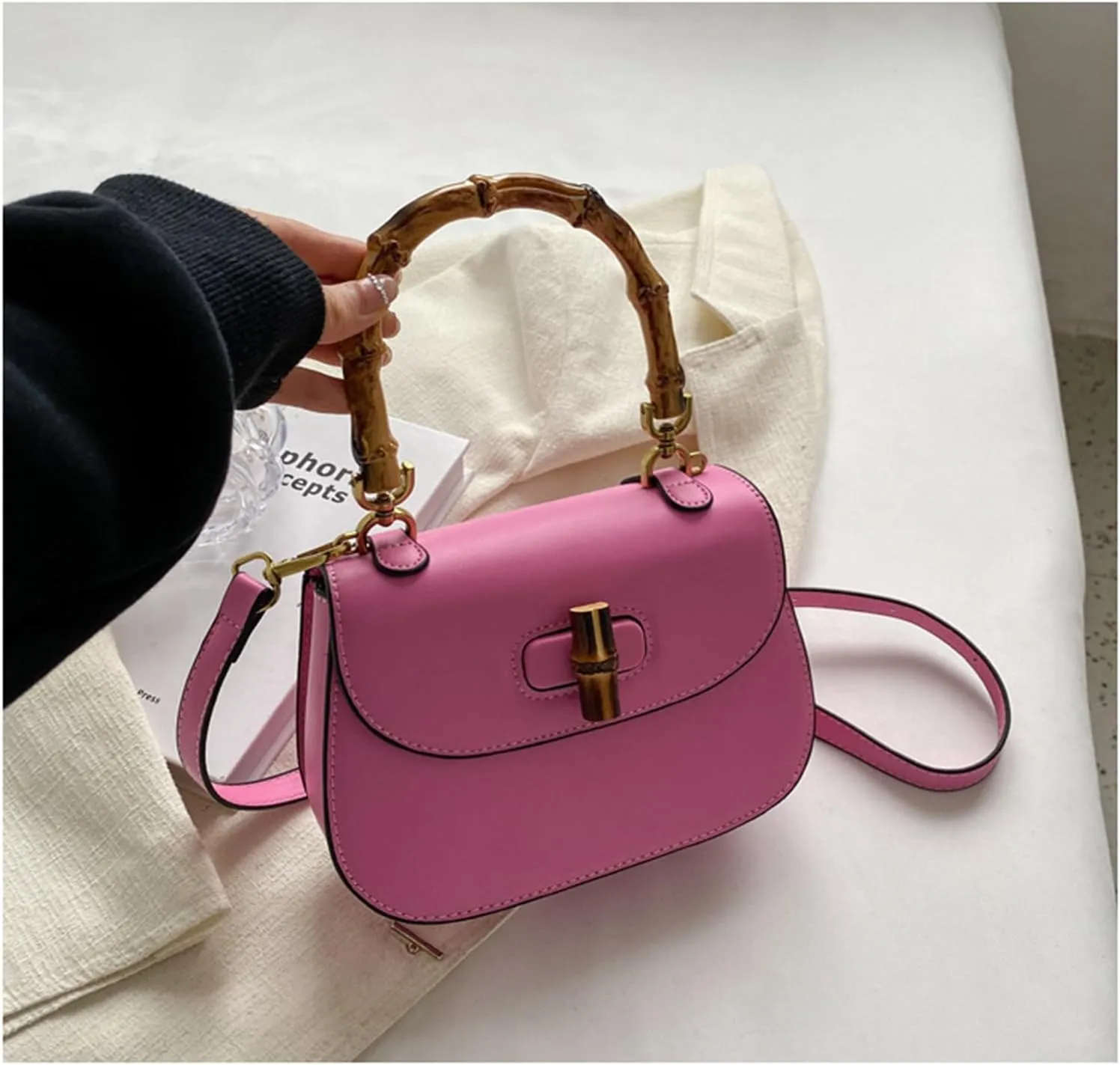 Leather Tote Handbags for Women Vintage Bamboo Handle Satchel Crossbody Shoulder Purse Genuine Leather Bags