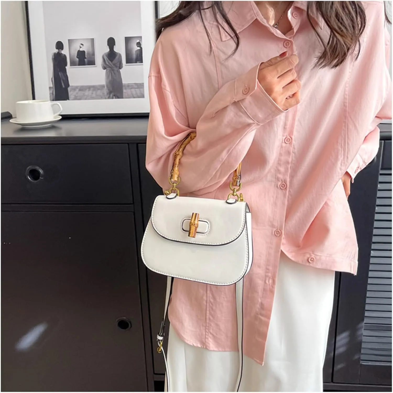 Leather Tote Handbags for Women Vintage Bamboo Handle Satchel Crossbody Shoulder Purse Genuine Leather Bags