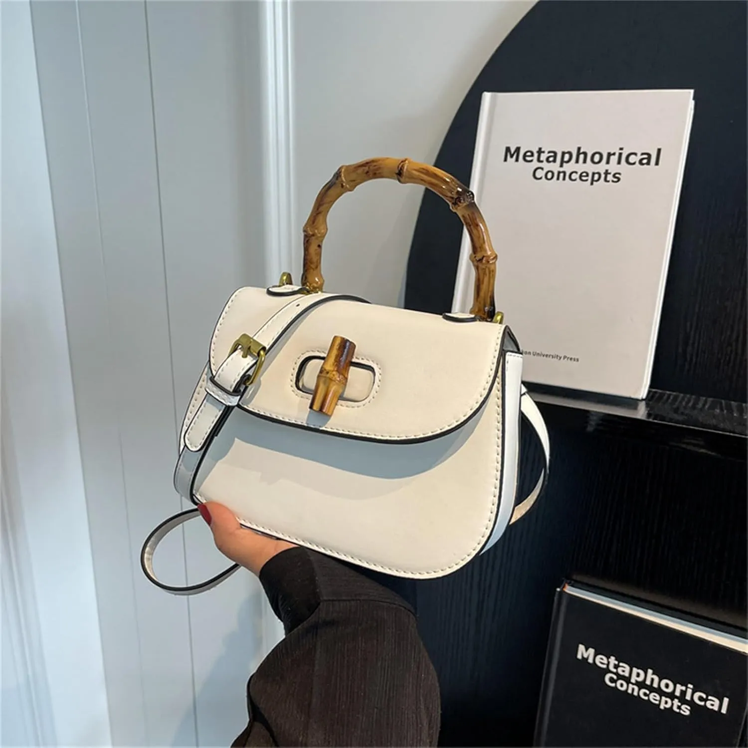 Leather Tote Handbags for Women Vintage Bamboo Handle Satchel Crossbody Shoulder Purse Genuine Leather Bags