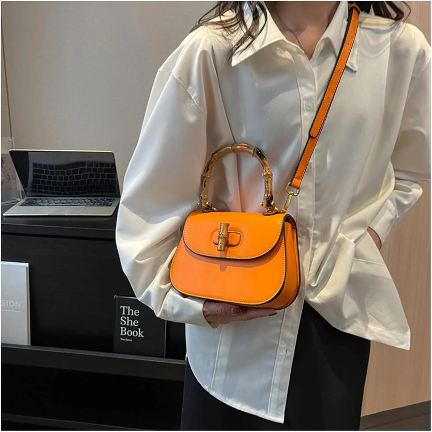 Leather Tote Handbags for Women Vintage Bamboo Handle Satchel Crossbody Shoulder Purse Genuine Leather Bags