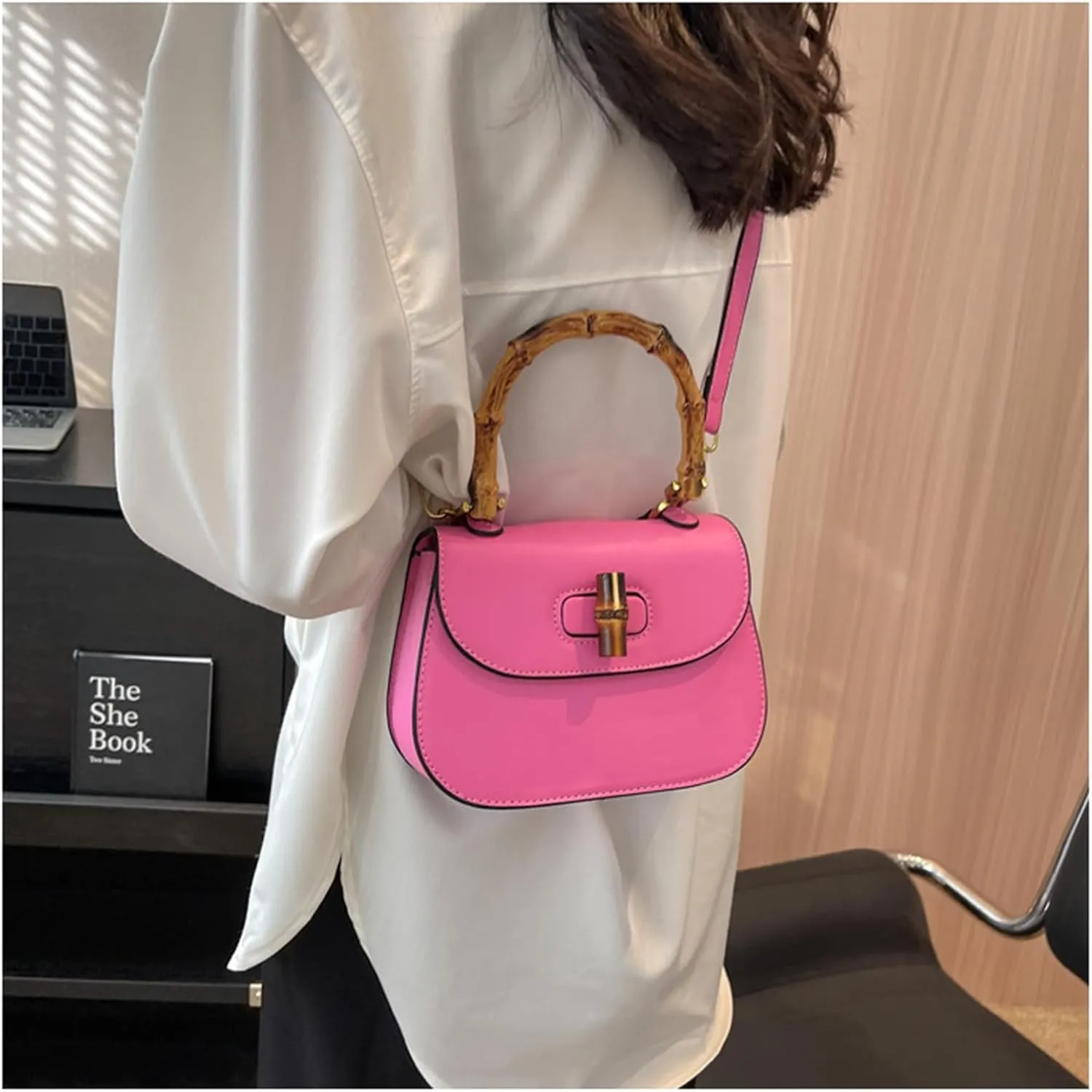 Leather Tote Handbags for Women Vintage Bamboo Handle Satchel Crossbody Shoulder Purse Genuine Leather Bags