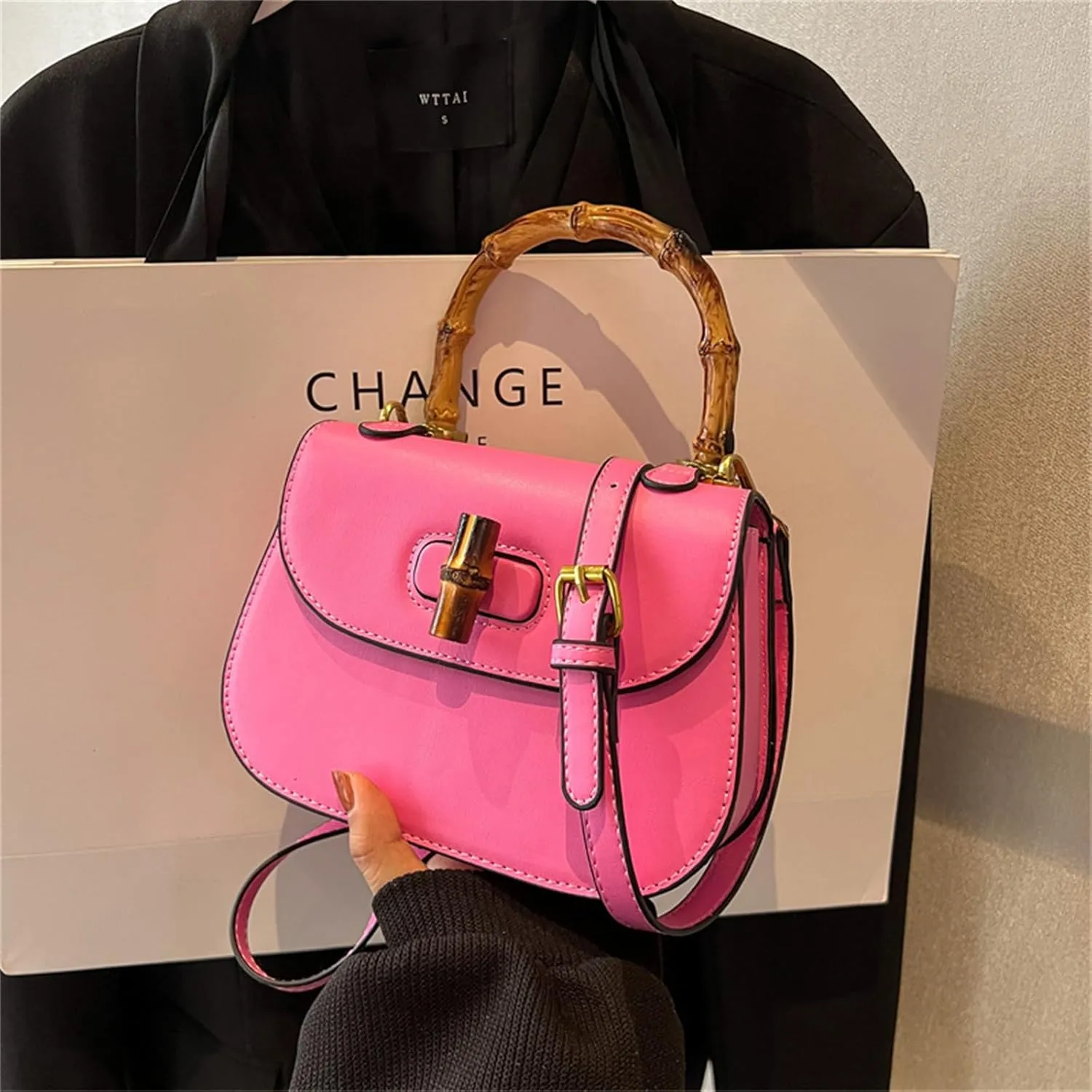 Leather Tote Handbags for Women Vintage Bamboo Handle Satchel Crossbody Shoulder Purse Genuine Leather Bags