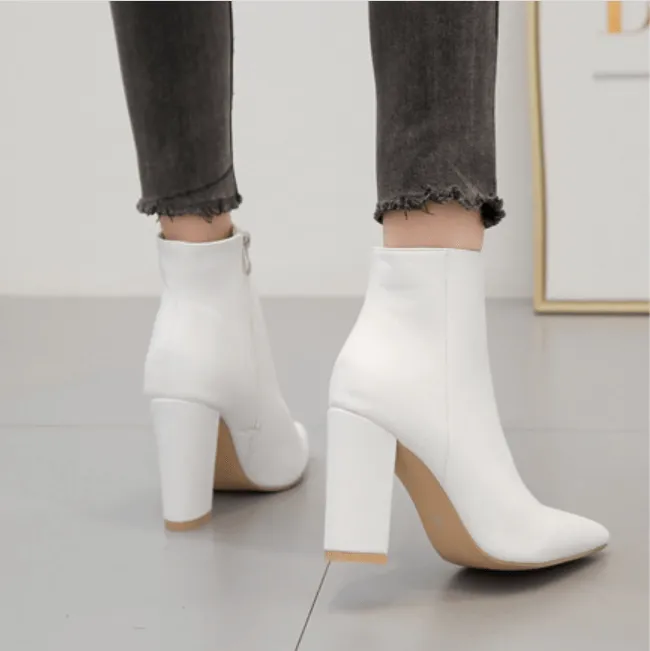 Leather White Point Toe Chunky Heel Zipper Calf Boots
