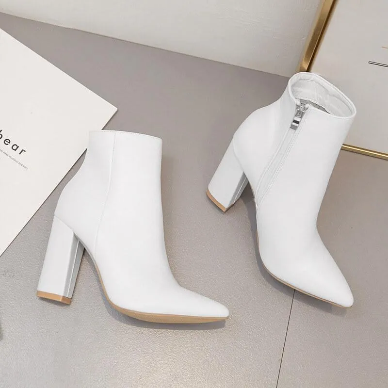 Leather White Point Toe Chunky Heel Zipper Calf Boots