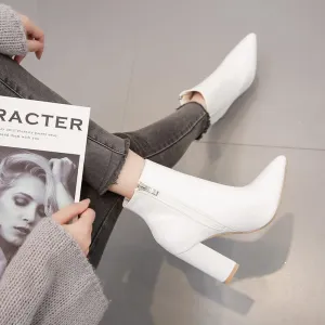Leather White Point Toe Chunky Heel Zipper Calf Boots