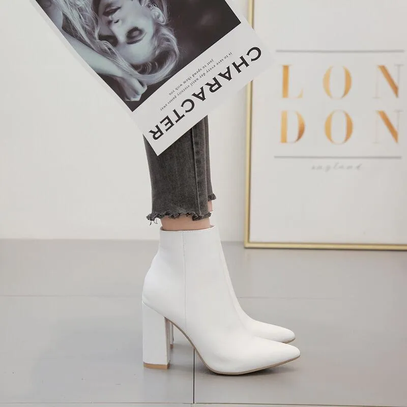 Leather White Point Toe Chunky Heel Zipper Calf Boots
