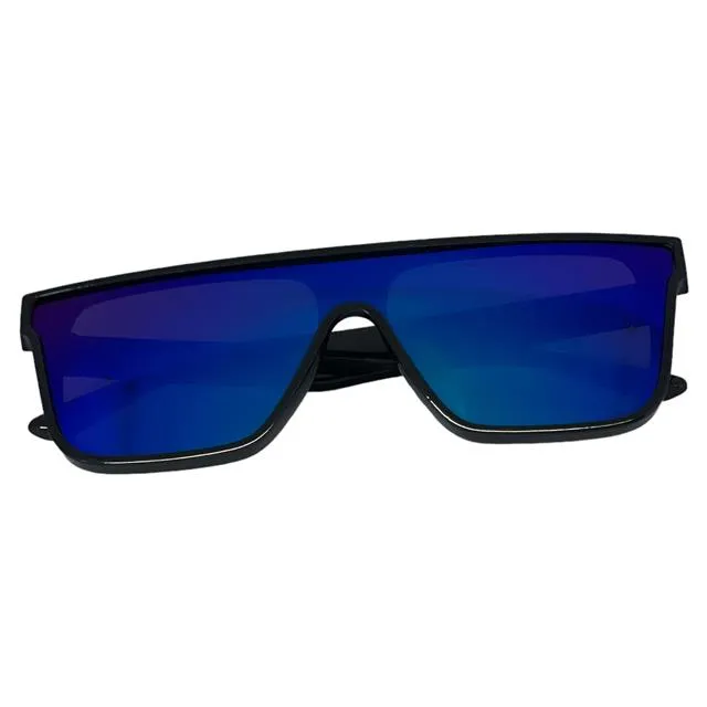 Locs Black Oversized Shield Sunglasses with One piece mirror lens