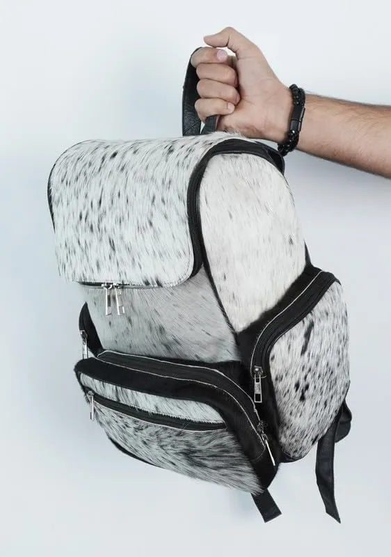 LP-FACON Genuine Leather Cow Print Diaper Bag - Everyday Travel Backpack - Western White Cowhide Leather Backpack