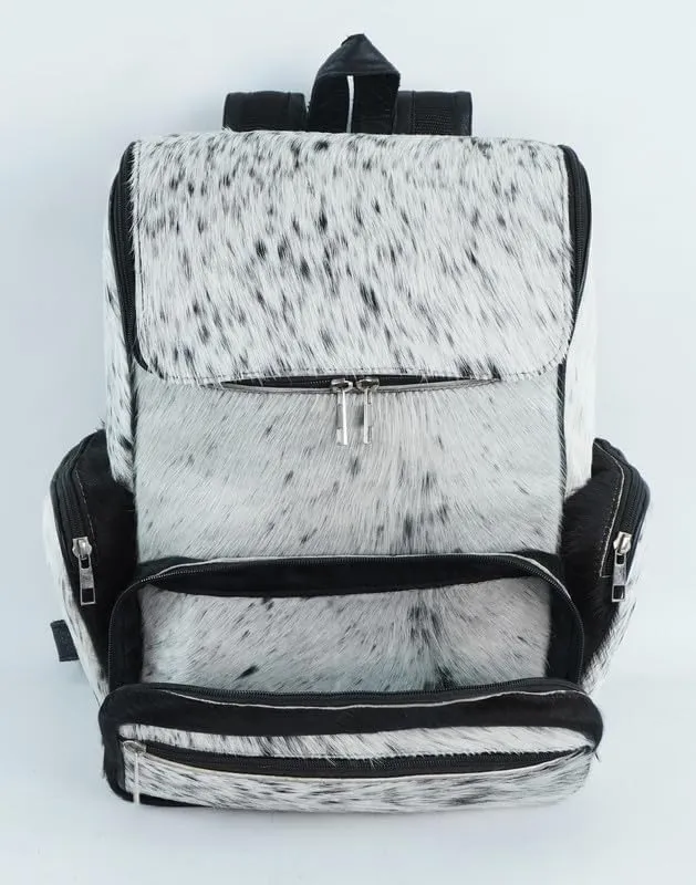 LP-FACON Genuine Leather Cow Print Diaper Bag - Everyday Travel Backpack - Western White Cowhide Leather Backpack