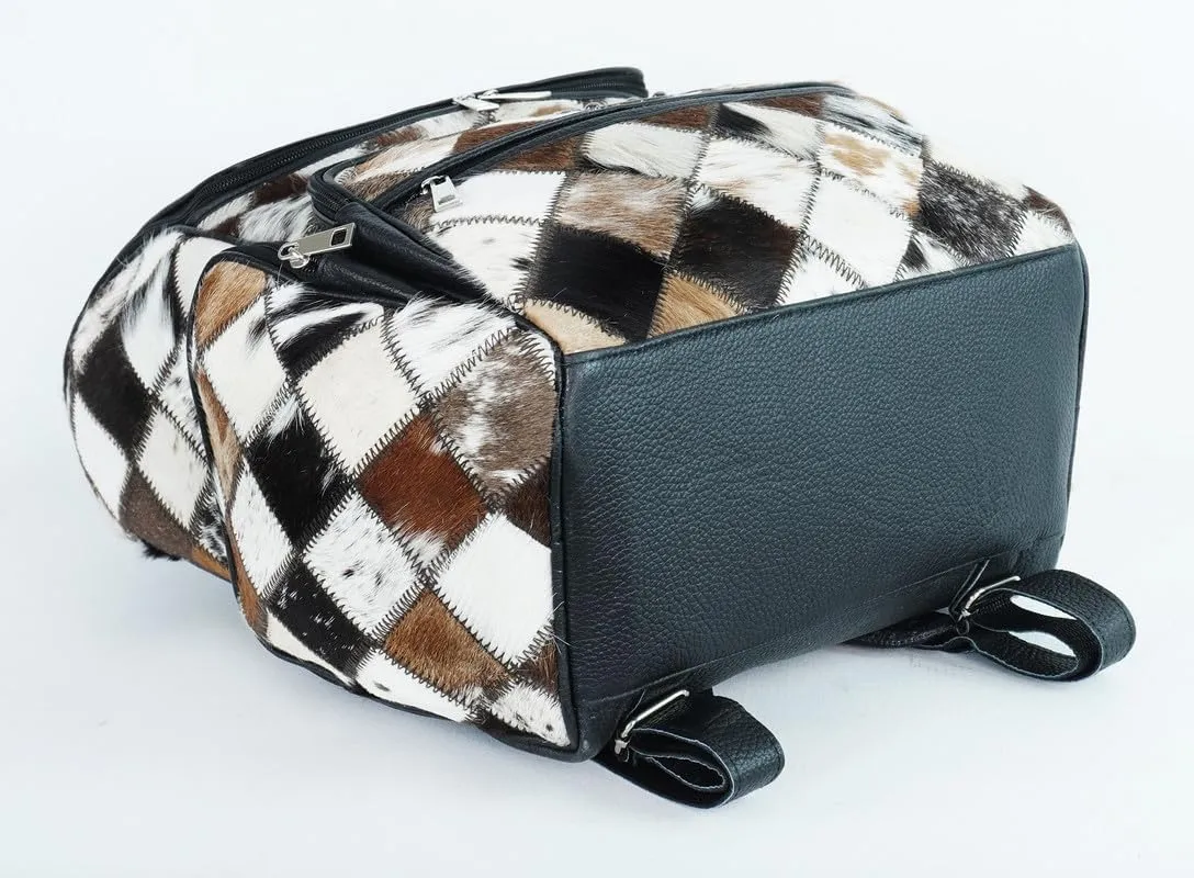 LP-FACON Western Black Patchwork Cowhide Leather Backpack - Cow Hair On Leather Diaper Bag - Cow Print Western Backpack
