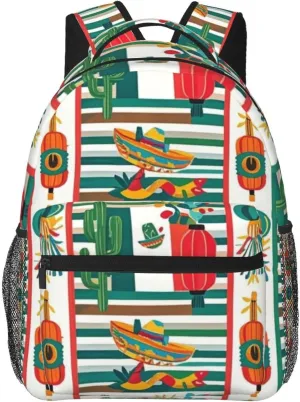 Mexican Loteria Striped Cactus Adult Backpacks 15 Inch Laptop Backpack Double Shoulder Bag for Work Travel Gifts