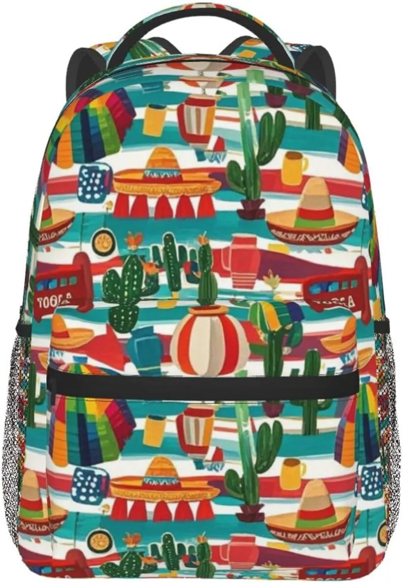 Mexican Loteria Striped Cactus Adult Backpacks 15 Inch Laptop Backpack Double Shoulder Bag for Work Travel Gifts