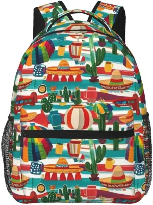 Mexican Loteria Striped Cactus Adult Backpacks 15 Inch Laptop Backpack Double Shoulder Bag for Work Travel Gifts