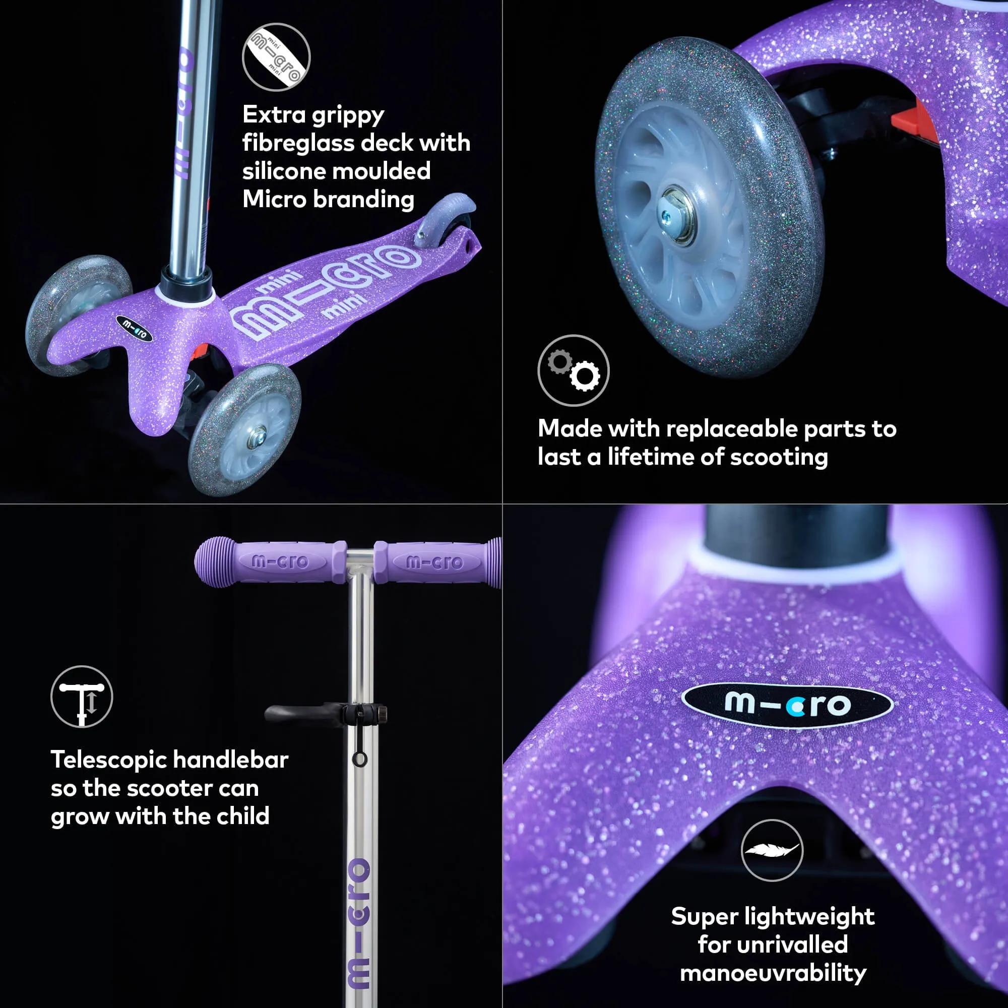 Micro Scooters Glitter Mini Micro Scooter Deluxe LED - Purple