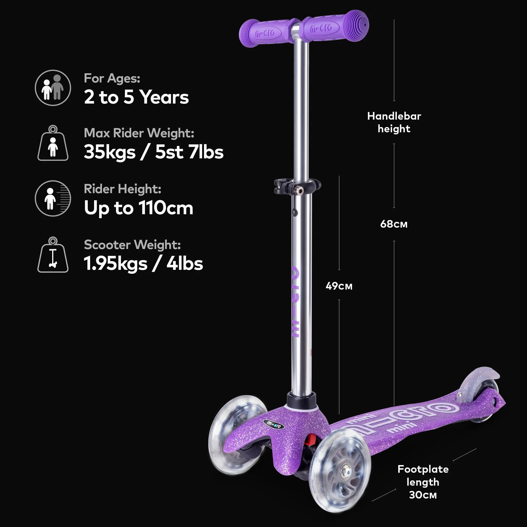 Micro Scooters Glitter Mini Micro Scooter Deluxe LED - Purple