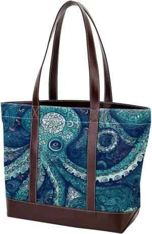 Octopus Art-1621 Tote Bags Durable Leather Canvas Purses and Handbags for Women Top Handle Shoulder Satchel Hobo Bags