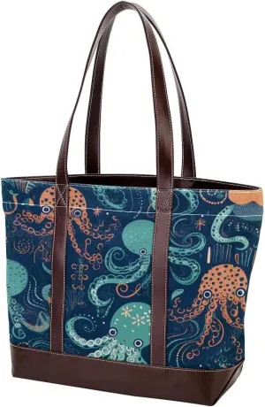 Octopus Art-1639 Tote Bags Durable Leather Canvas Purses and Handbags for Women Top Handle Shoulder Satchel Hobo Bags