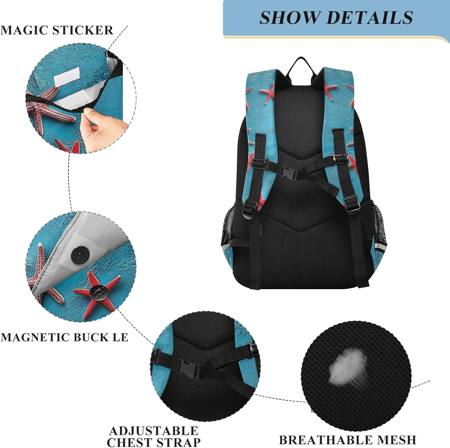 ODAWA Blue Textured with Starfish Laptop Backpack Purse Backpacks for High Schoolers Bookbag for School