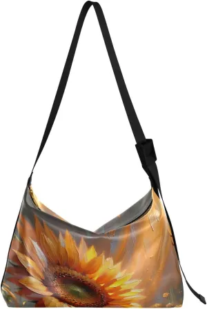 Oil Painting Artistic Sunflower Hobo Crossbody Bags for Women Leather Large Shoulder Bag Cross Body Sunshine Trendy Womens Tote Bags Handbag for Travel Shopping