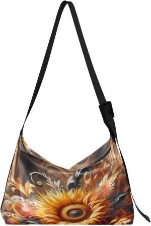 Oil Painting Sunflower Hobo Crossbody Bags for Women Leather Large Shoulder Bag Cross Body Artistic Trendy Womens Tote Bags Handbag for Travel Shopping Work