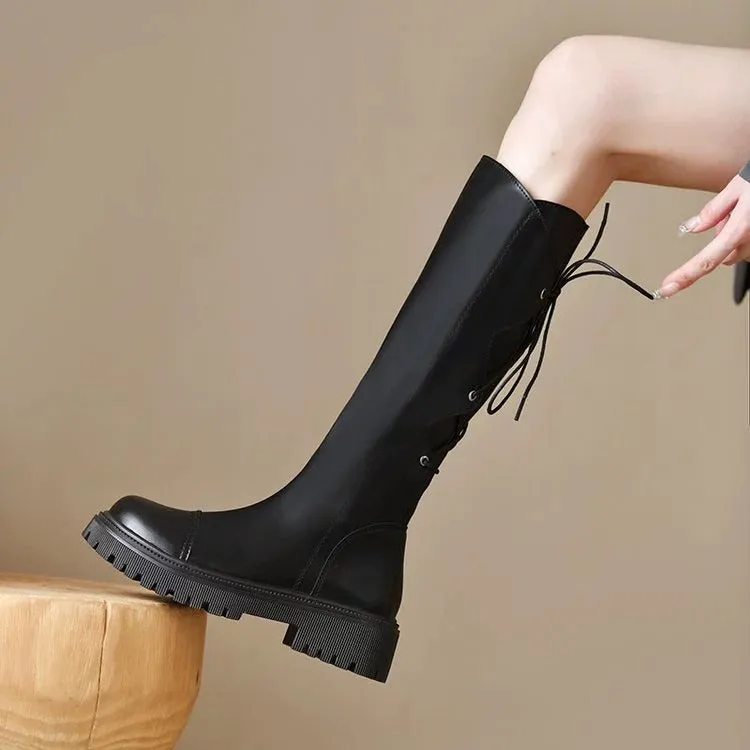 Over-the-Knee Brown V-Cut Soft Leather Thick Sole Riding Boots