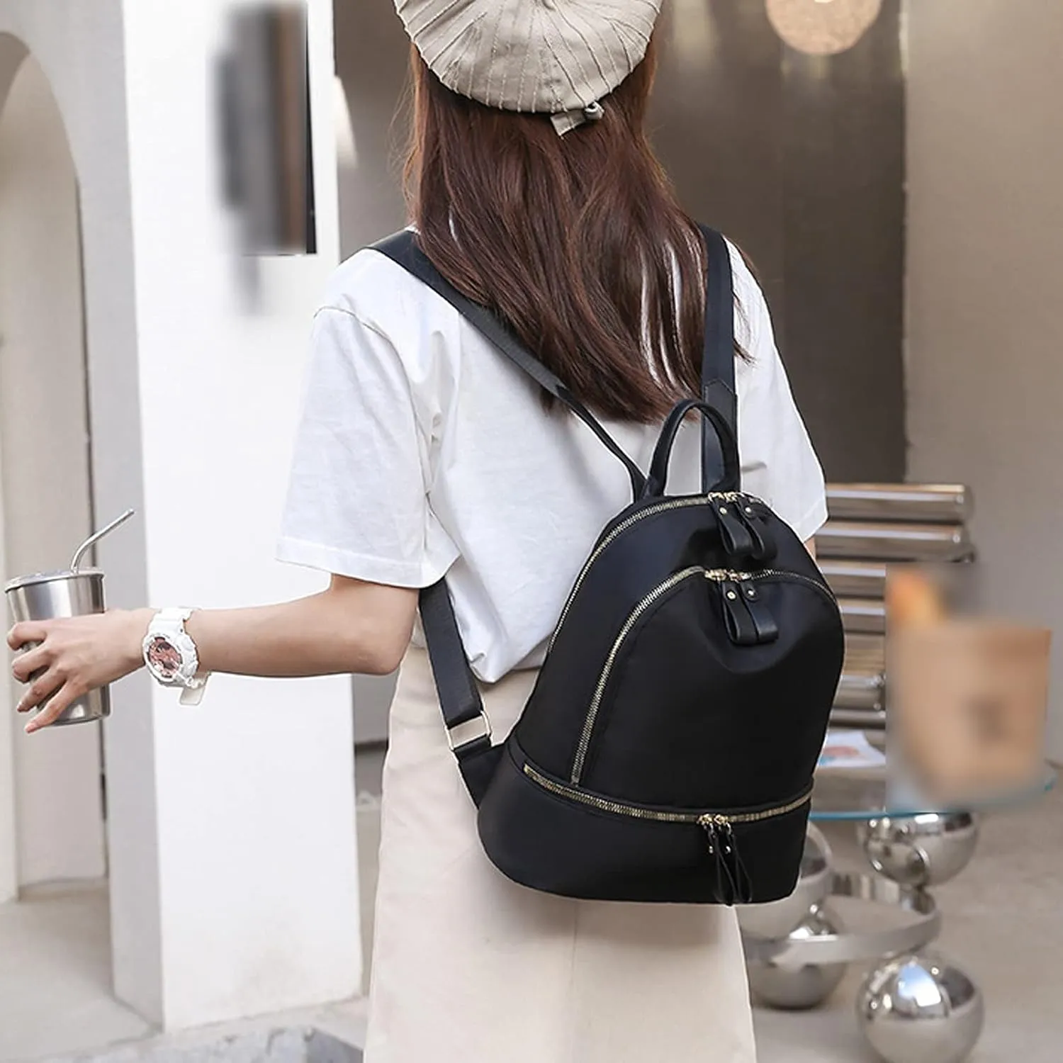 Oxford cloth women's backpack, simple large-capacity women's bags, casual travel lightweight backpacks (Black)