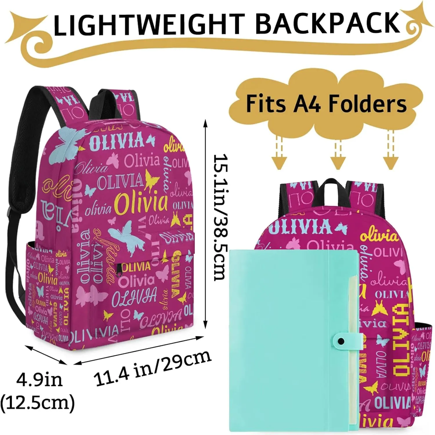 Personalized Butterfly Backpack with Name Custom Shoulder Bags for Women Men Waterproof Travel Casual Daypack Laptop Bag 15.1in, Berry