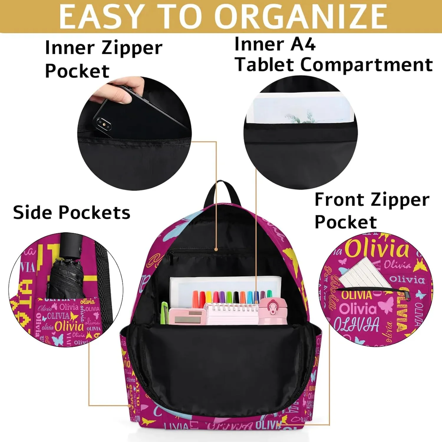 Personalized Butterfly Backpack with Name Custom Shoulder Bags for Women Men Waterproof Travel Casual Daypack Laptop Bag 15.1in, Berry