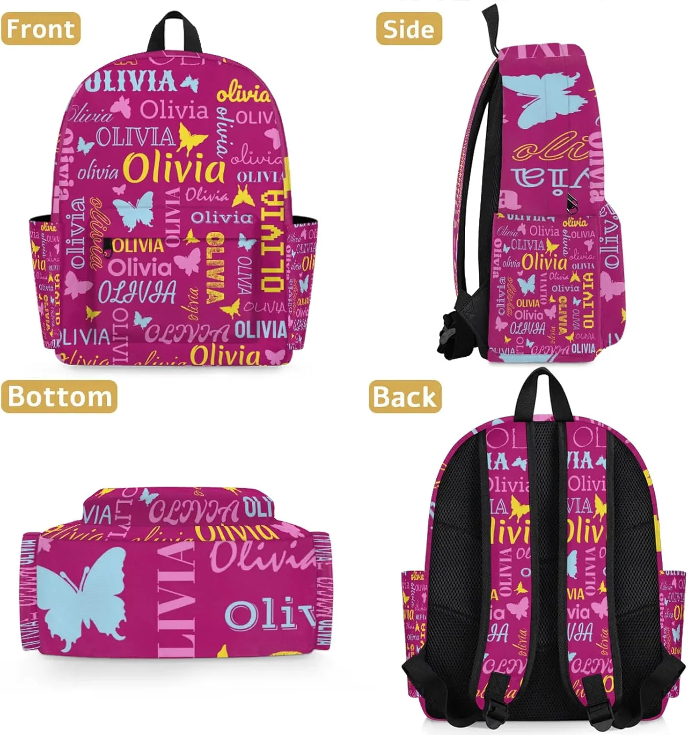 Personalized Butterfly Backpack with Name Custom Shoulder Bags for Women Men Waterproof Travel Casual Daypack Laptop Bag 15.1in, Berry