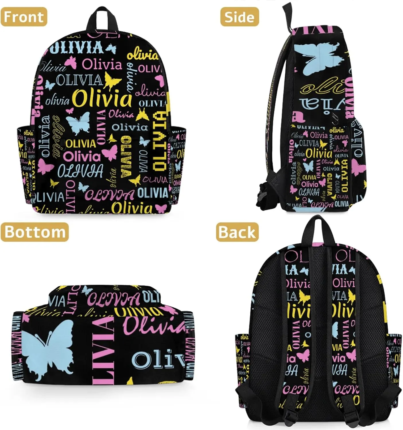 Personalized Butterfly Backpack with Name Custom Shoulder Bags for Women Men Waterproof Travel Casual Daypack Laptop Bag 15.1in, Black