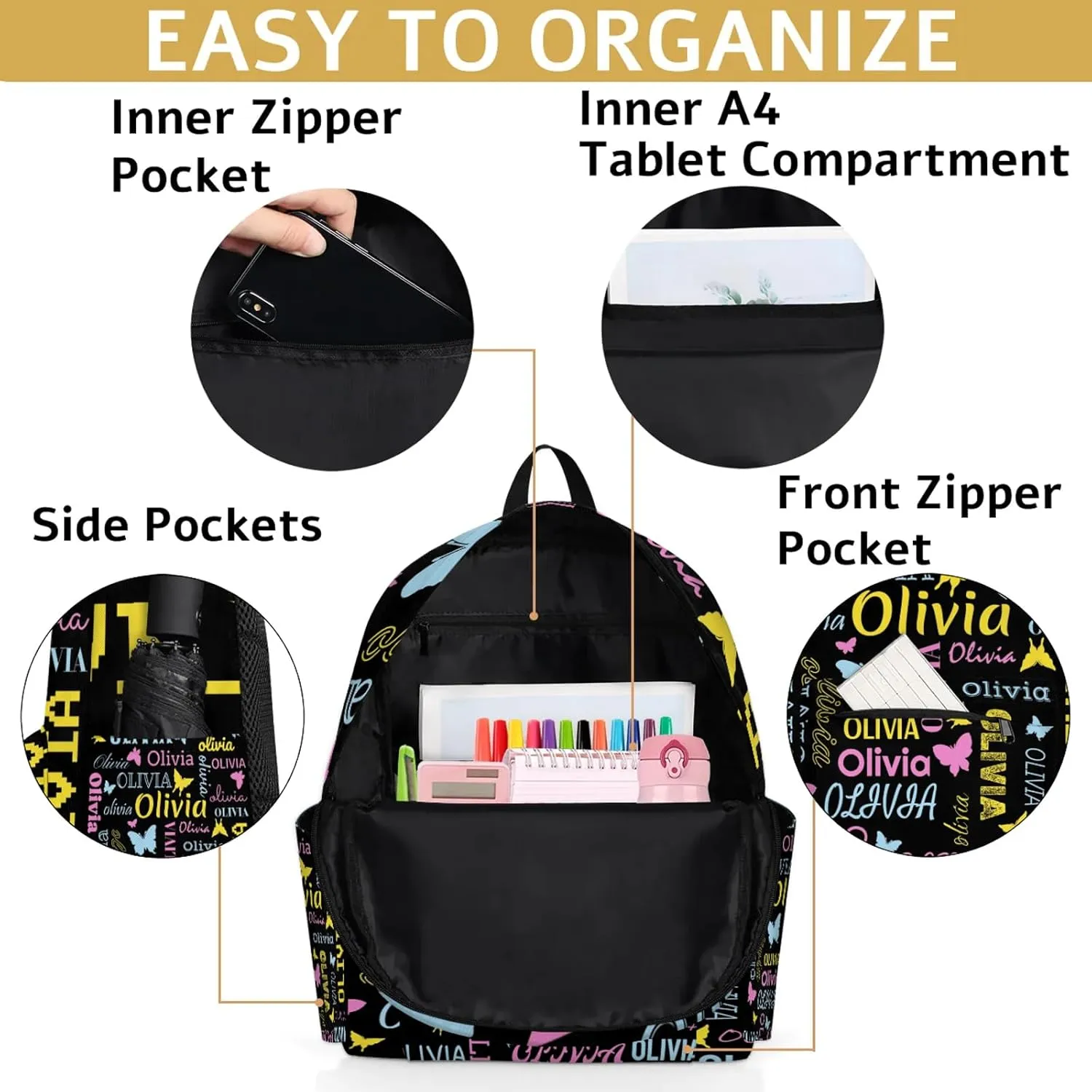 Personalized Butterfly Backpack with Name Custom Shoulder Bags for Women Men Waterproof Travel Casual Daypack Laptop Bag 15.1in, Black