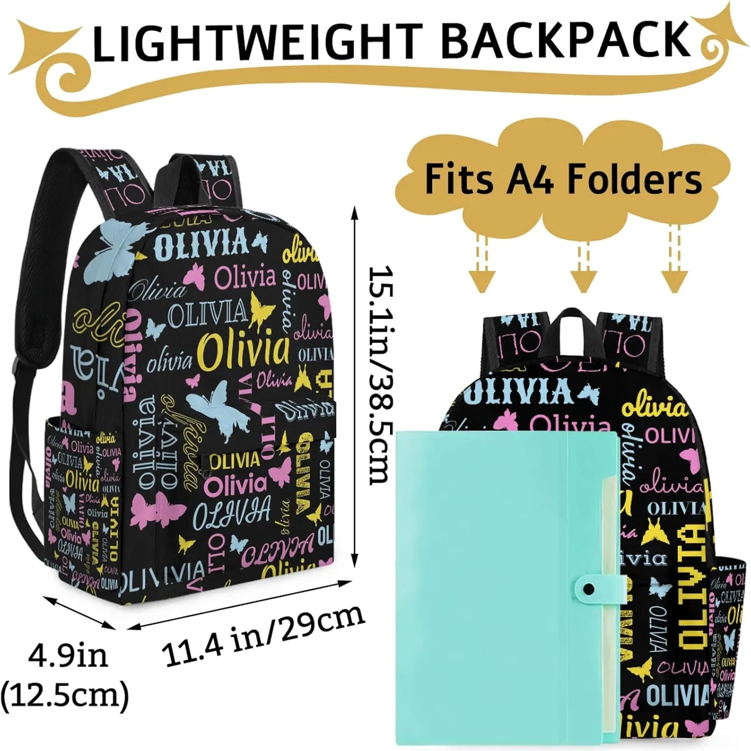 Personalized Butterfly Backpack with Name Custom Shoulder Bags for Women Men Waterproof Travel Casual Daypack Laptop Bag 15.1in, Black