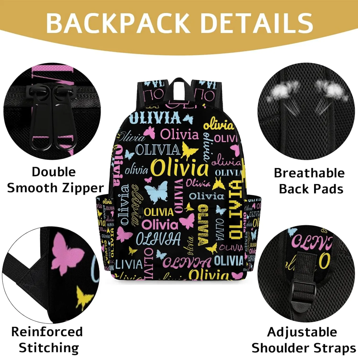 Personalized Butterfly Backpack with Name Custom Shoulder Bags for Women Men Waterproof Travel Casual Daypack Laptop Bag 15.1in, Black