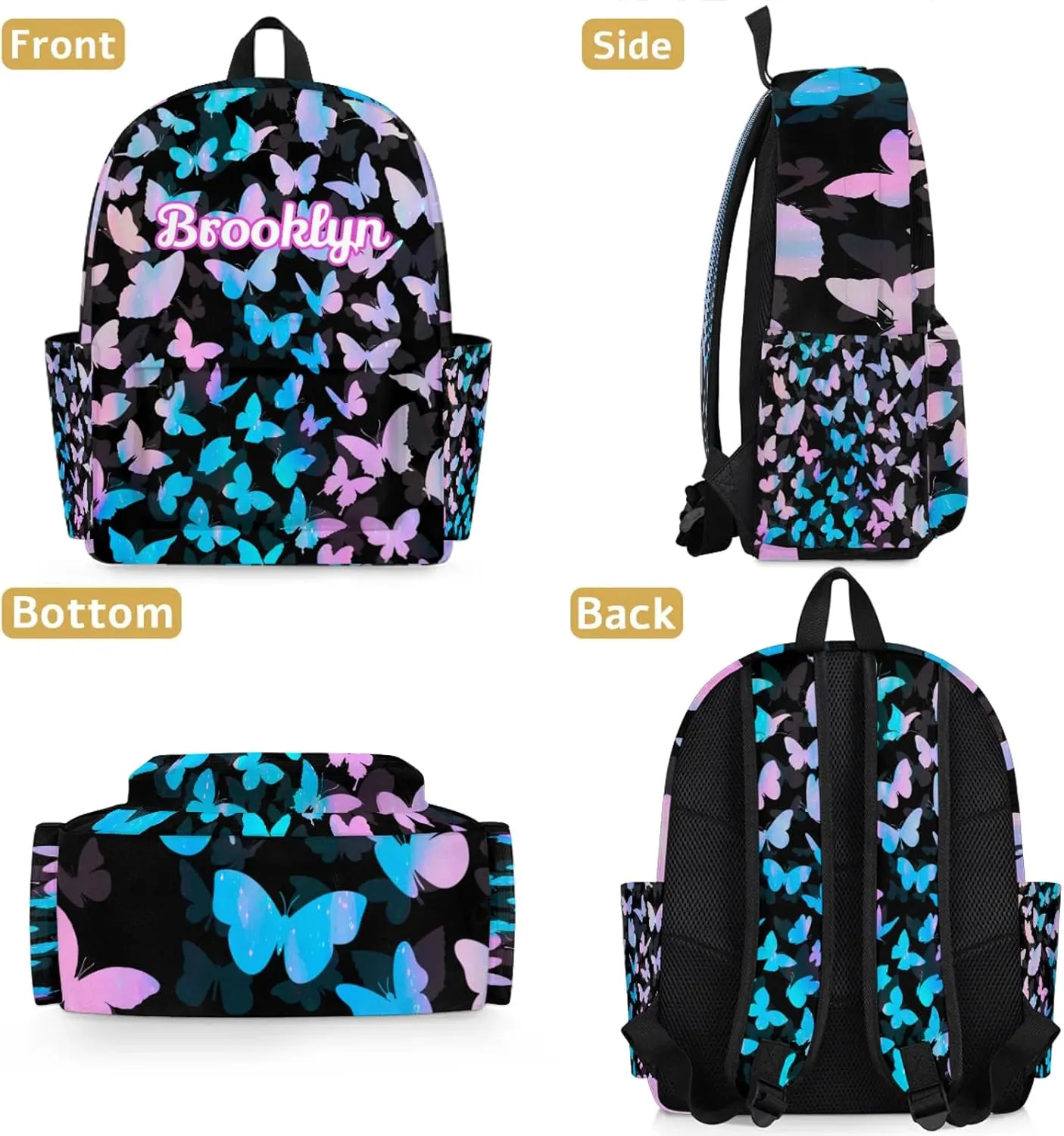 Personalized Butterfly Backpack with Name Custom Shoulder Bags for Women Men Waterproof Travel Casual Daypack Laptop Bag 15.1in, Blue Pink Glitter