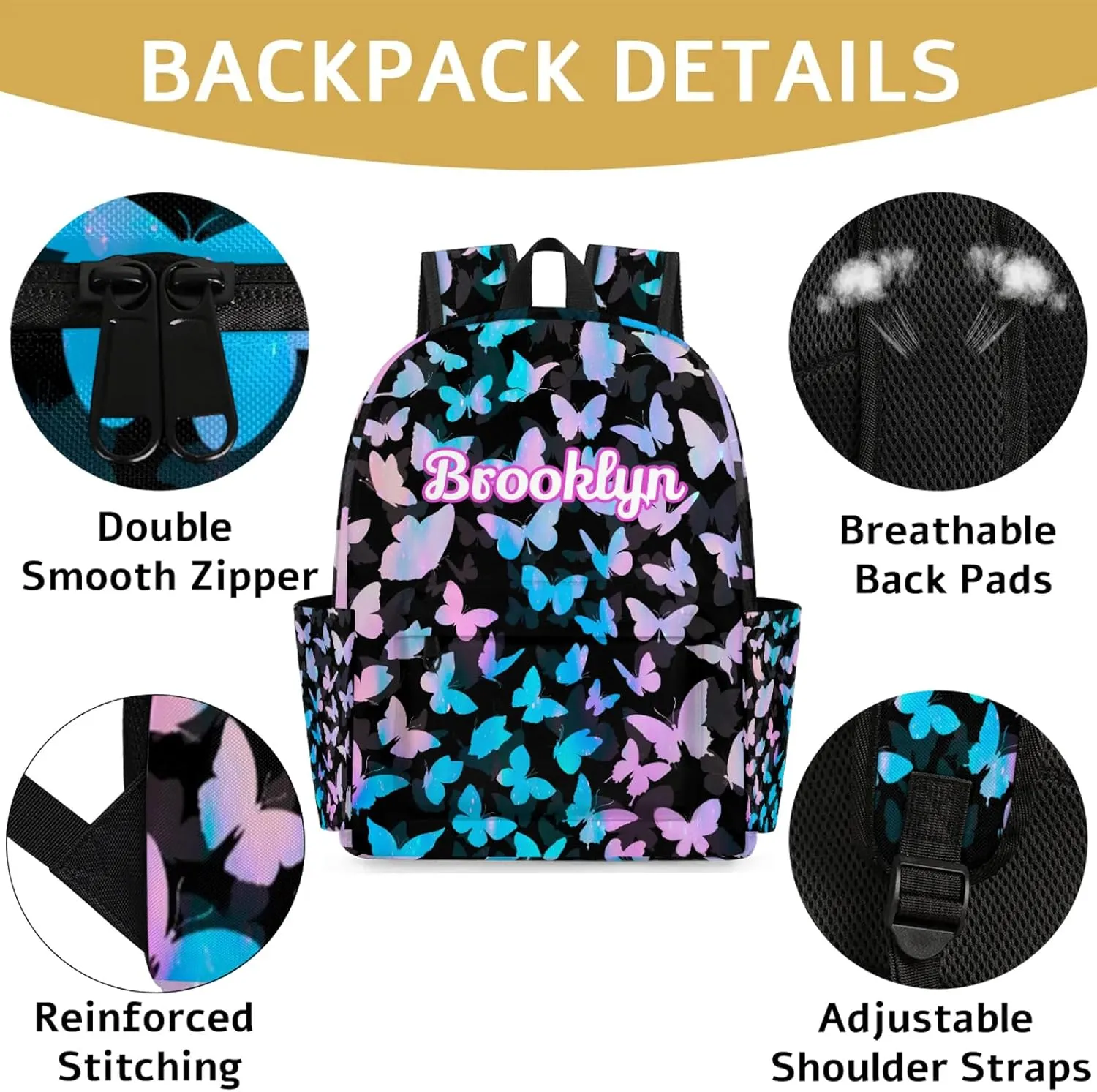 Personalized Butterfly Backpack with Name Custom Shoulder Bags for Women Men Waterproof Travel Casual Daypack Laptop Bag 15.1in, Blue Pink Glitter