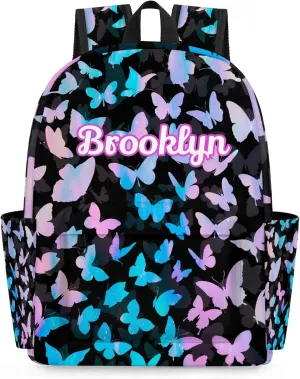Personalized Butterfly Backpack with Name Custom Shoulder Bags for Women Men Waterproof Travel Casual Daypack Laptop Bag 15.1in, Blue Pink Glitter