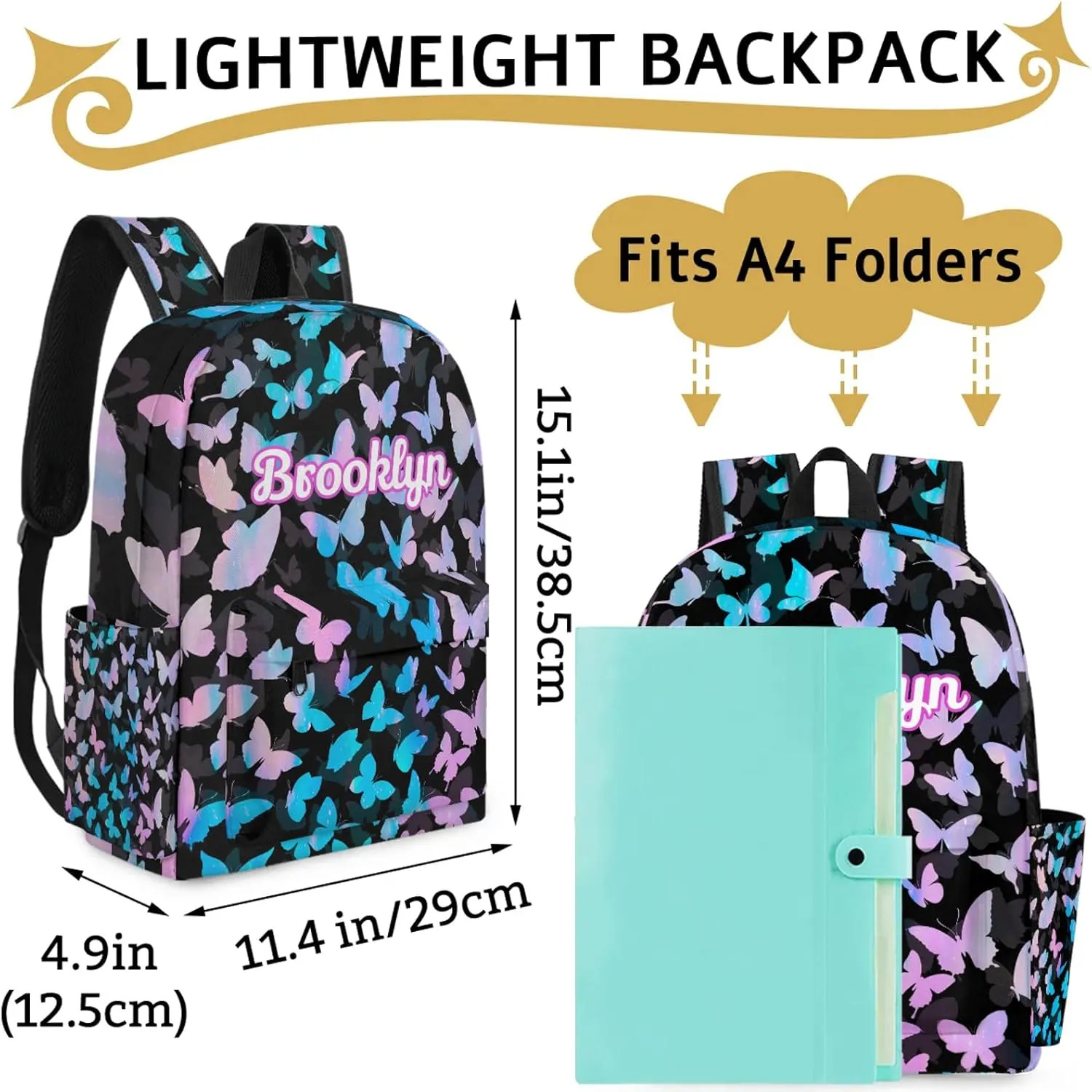 Personalized Butterfly Backpack with Name Custom Shoulder Bags for Women Men Waterproof Travel Casual Daypack Laptop Bag 15.1in, Blue Pink Glitter